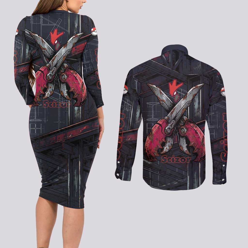 Scizor Battle Armor Couples Matching Long Sleeve Bodycon Dress and Long Sleeve Button Shirt Scizor’s Domain - Claws of Precision