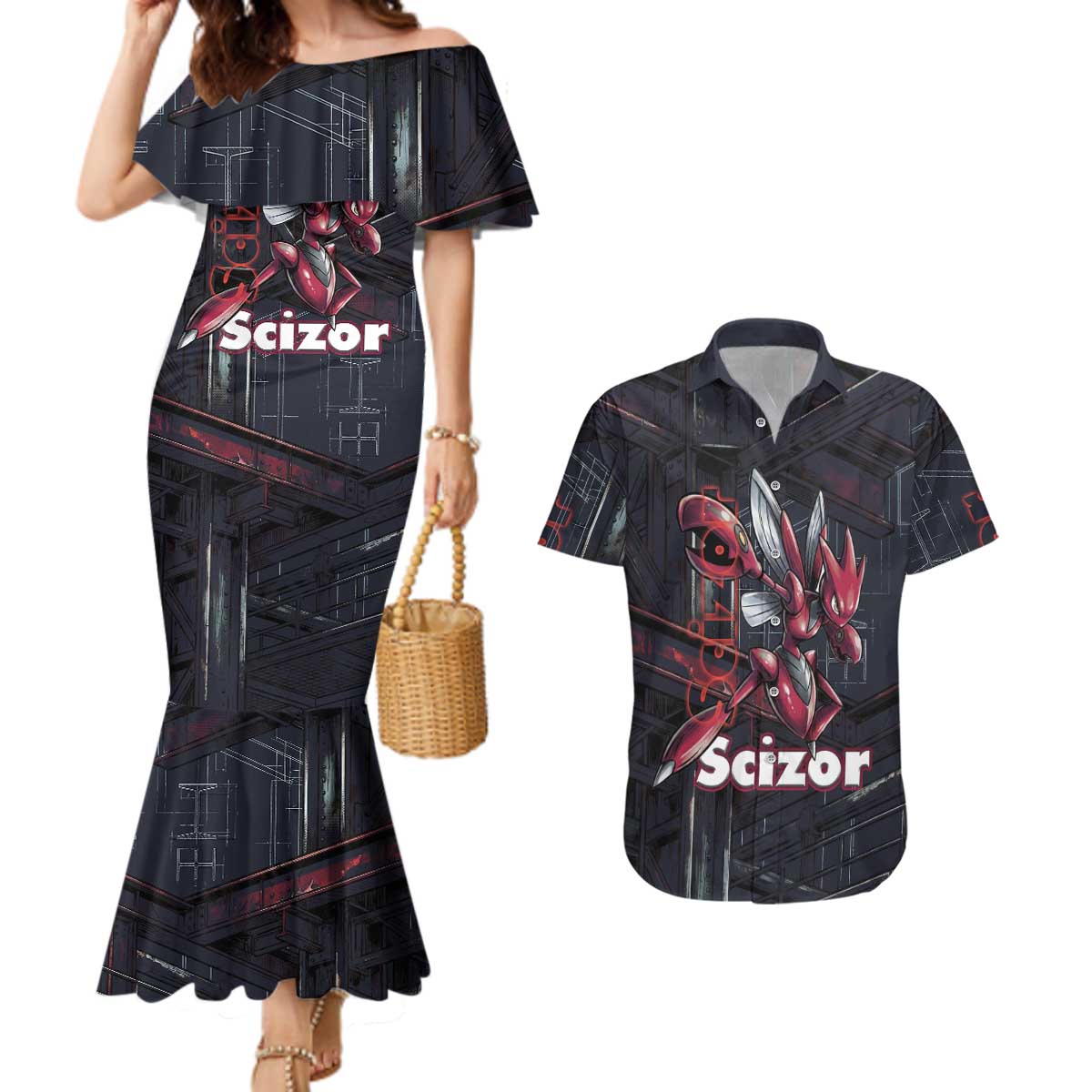 Scizor Battle Armor Couples Matching Mermaid Dress and Hawaiian Shirt Scizor’s Domain - Claws of Precision