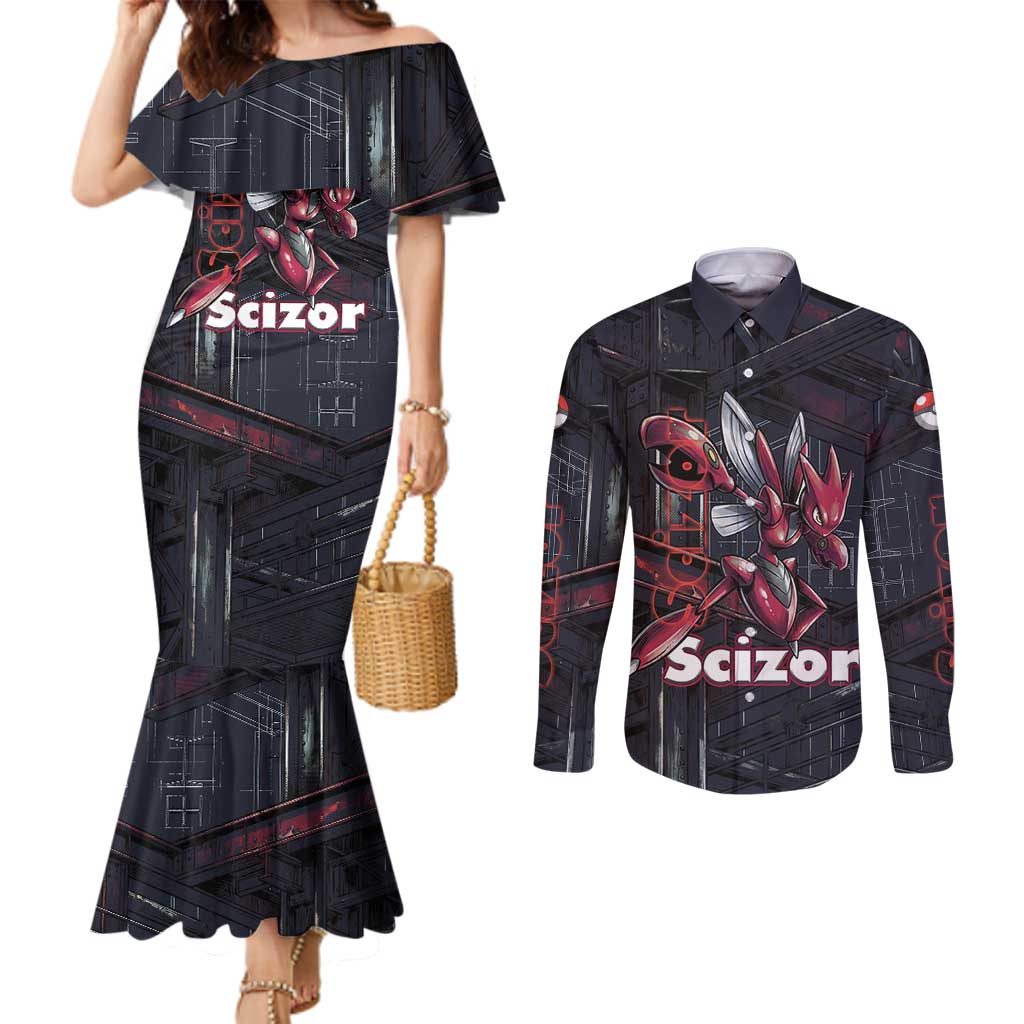 Scizor Battle Armor Couples Matching Mermaid Dress and Long Sleeve Button Shirt Scizor’s Domain - Claws of Precision