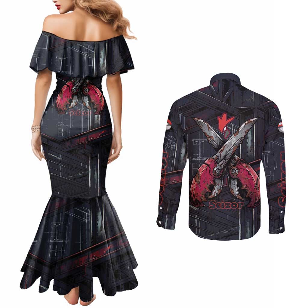Scizor Battle Armor Couples Matching Mermaid Dress and Long Sleeve Button Shirt Scizor’s Domain - Claws of Precision