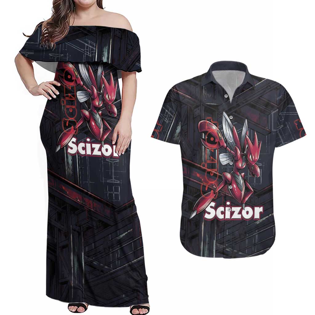 Scizor Battle Armor Couples Matching Off Shoulder Maxi Dress and Hawaiian Shirt Scizor’s Domain - Claws of Precision
