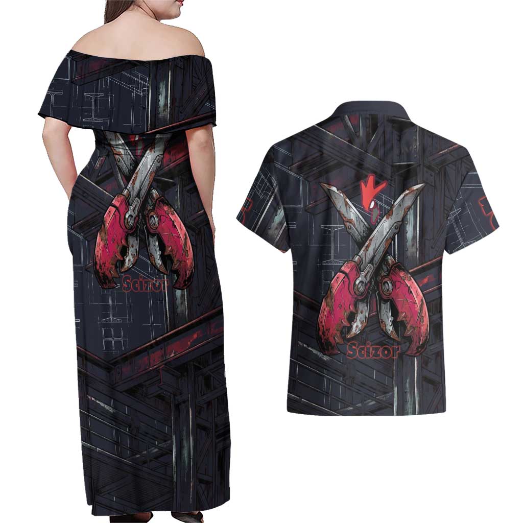 Scizor Battle Armor Couples Matching Off Shoulder Maxi Dress and Hawaiian Shirt Scizor’s Domain - Claws of Precision