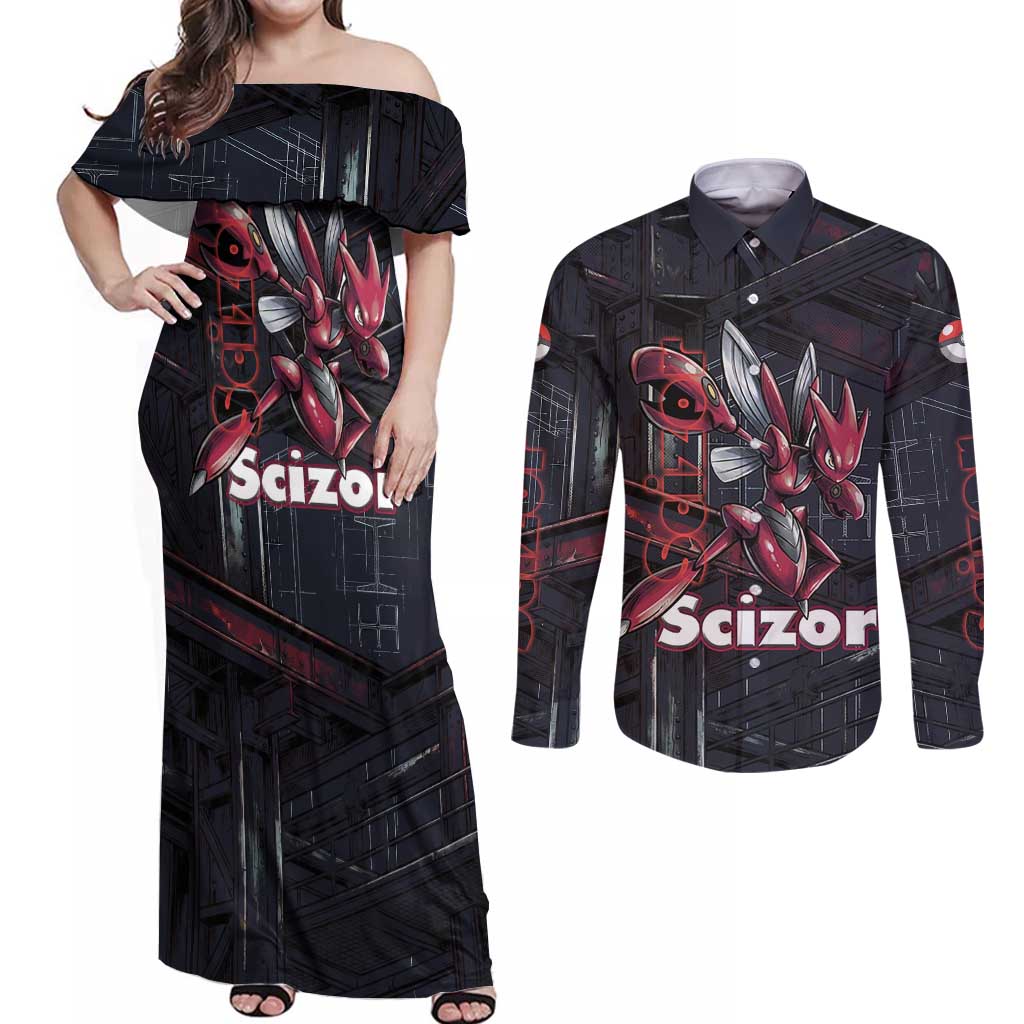 Scizor Battle Armor Couples Matching Off Shoulder Maxi Dress and Long Sleeve Button Shirt Scizor’s Domain - Claws of Precision