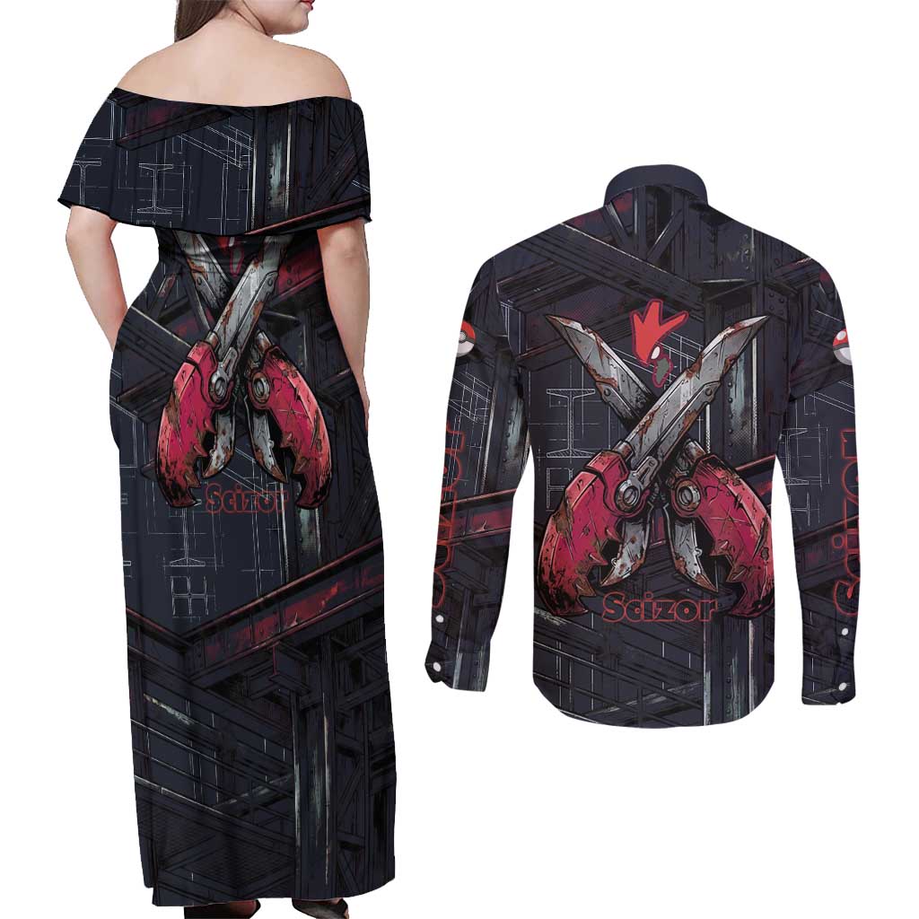 Scizor Battle Armor Couples Matching Off Shoulder Maxi Dress and Long Sleeve Button Shirt Scizor’s Domain - Claws of Precision