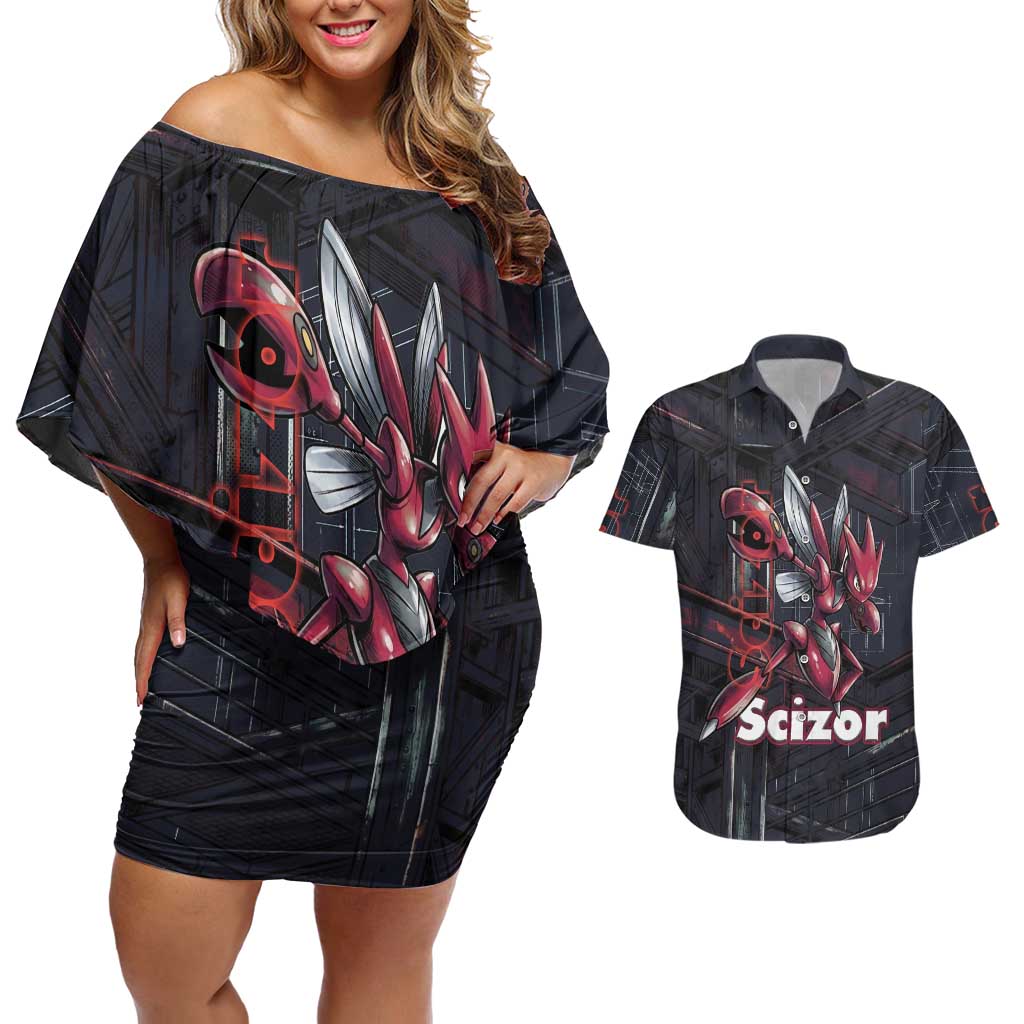 Scizor Battle Armor Couples Matching Off Shoulder Short Dress and Hawaiian Shirt Scizor’s Domain - Claws of Precision