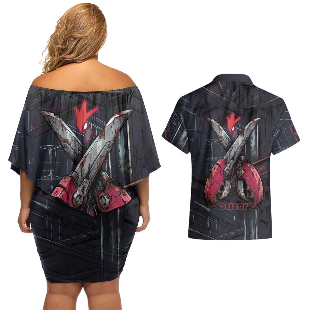Scizor Battle Armor Couples Matching Off Shoulder Short Dress and Hawaiian Shirt Scizor’s Domain - Claws of Precision