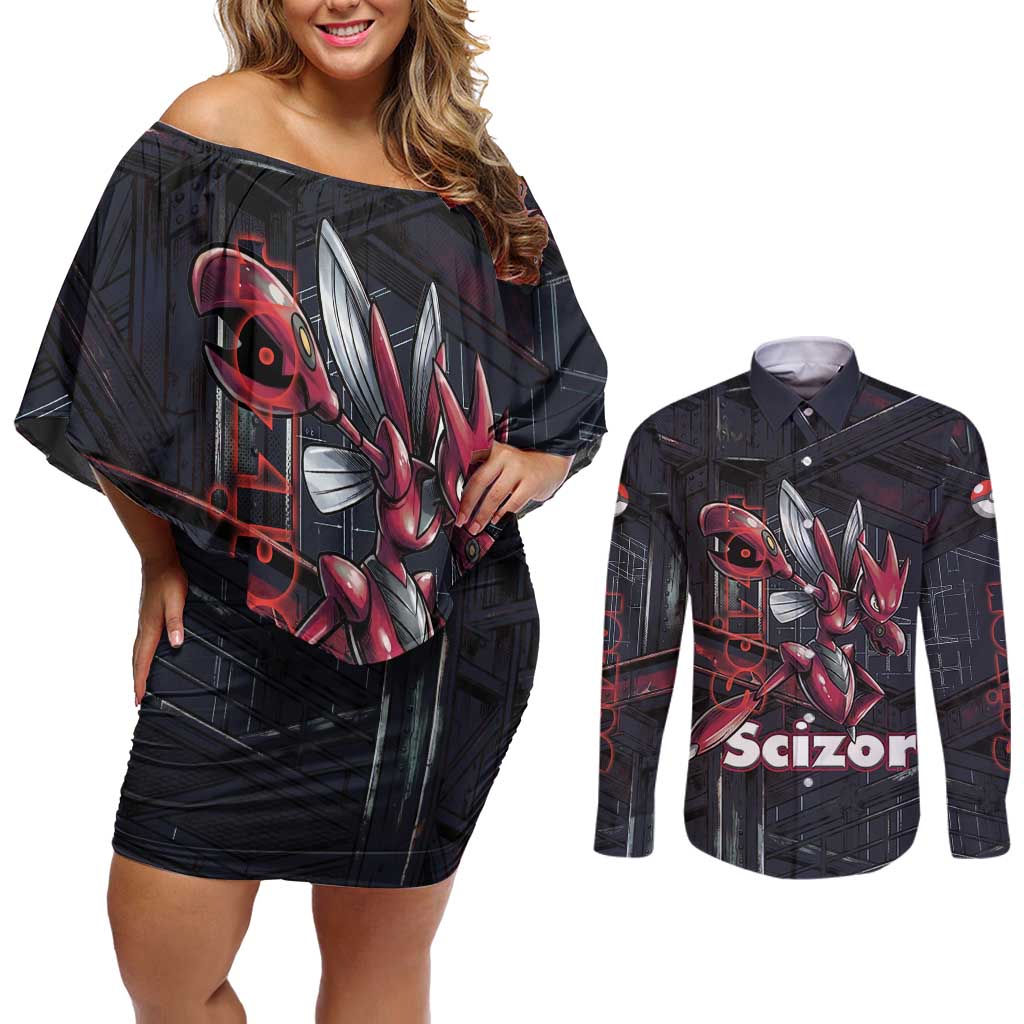 Scizor Battle Armor Couples Matching Off Shoulder Short Dress and Long Sleeve Button Shirt Scizor’s Domain - Claws of Precision