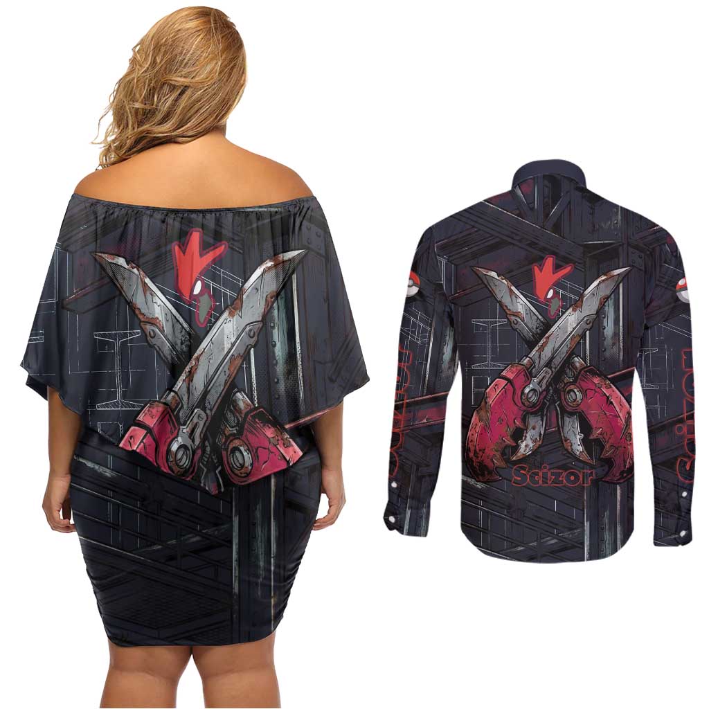 Scizor Battle Armor Couples Matching Off Shoulder Short Dress and Long Sleeve Button Shirt Scizor’s Domain - Claws of Precision