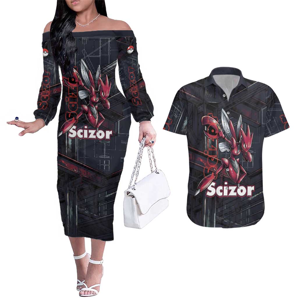 Scizor Battle Armor Couples Matching Off The Shoulder Long Sleeve Dress and Hawaiian Shirt Scizor’s Domain - Claws of Precision