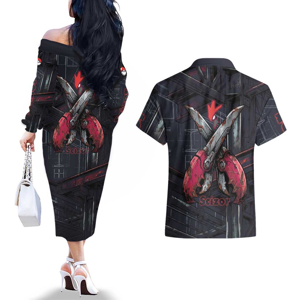 Scizor Battle Armor Couples Matching Off The Shoulder Long Sleeve Dress and Hawaiian Shirt Scizor’s Domain - Claws of Precision