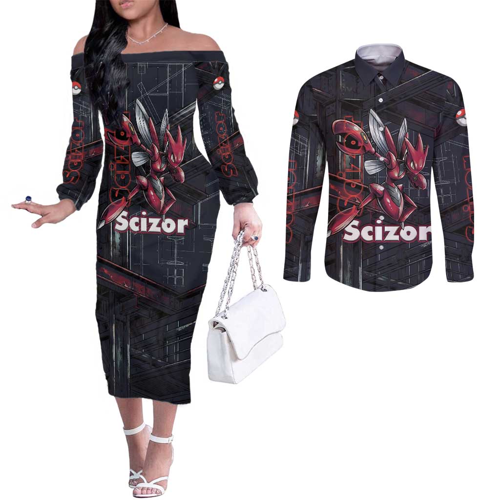 Scizor Battle Armor Couples Matching Off The Shoulder Long Sleeve Dress and Long Sleeve Button Shirt Scizor’s Domain - Claws of Precision