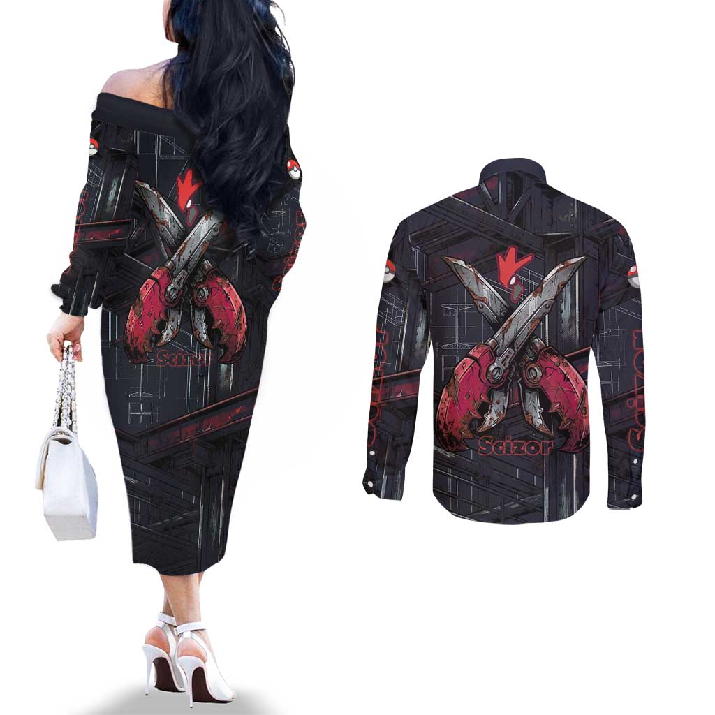 Scizor Battle Armor Couples Matching Off The Shoulder Long Sleeve Dress and Long Sleeve Button Shirt Scizor’s Domain - Claws of Precision