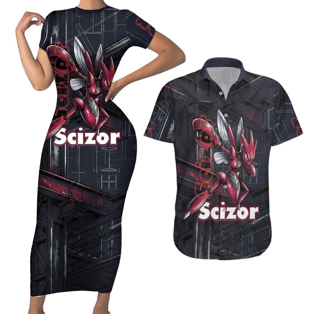 Scizor Battle Armor Couples Matching Short Sleeve Bodycon Dress and Hawaiian Shirt Scizor’s Domain - Claws of Precision