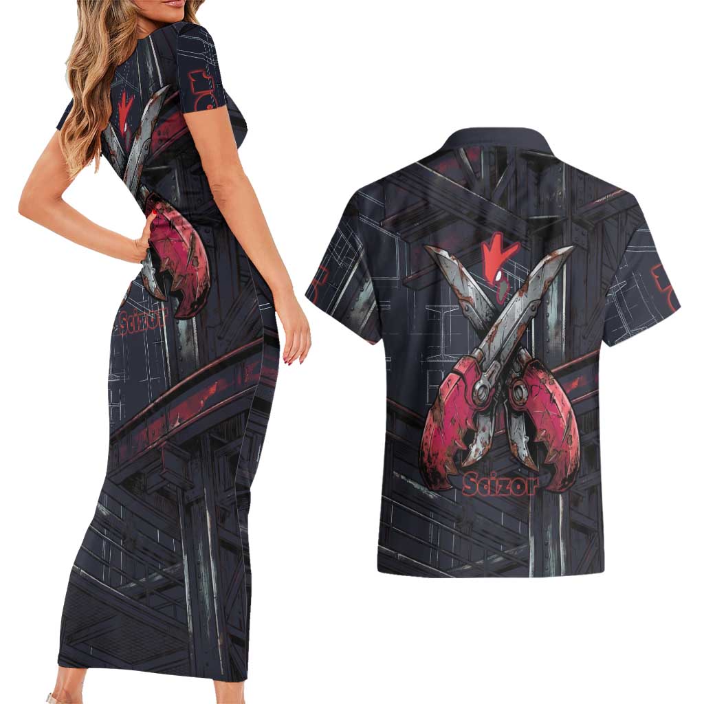 Scizor Battle Armor Couples Matching Short Sleeve Bodycon Dress and Hawaiian Shirt Scizor’s Domain - Claws of Precision