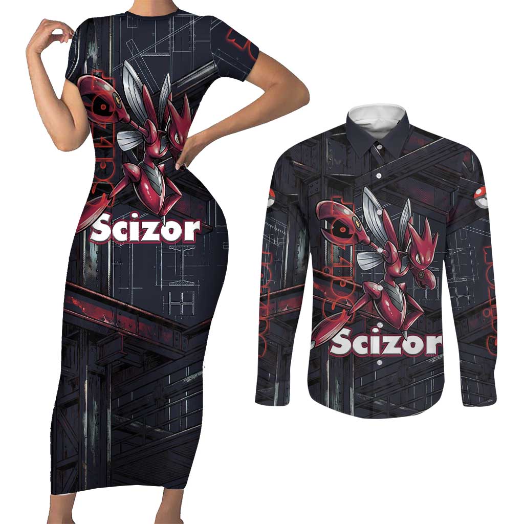 Scizor Battle Armor Couples Matching Short Sleeve Bodycon Dress and Long Sleeve Button Shirt Scizor’s Domain - Claws of Precision