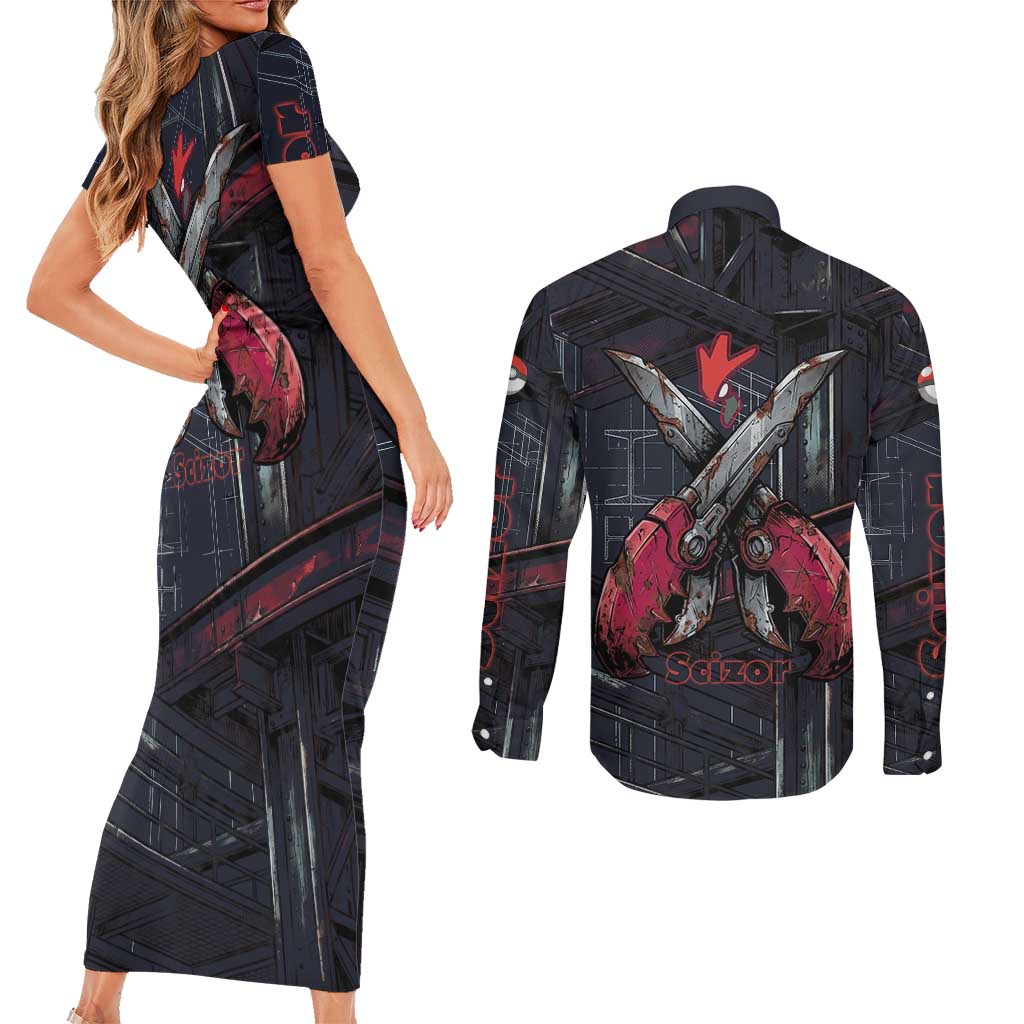Scizor Battle Armor Couples Matching Short Sleeve Bodycon Dress and Long Sleeve Button Shirt Scizor’s Domain - Claws of Precision