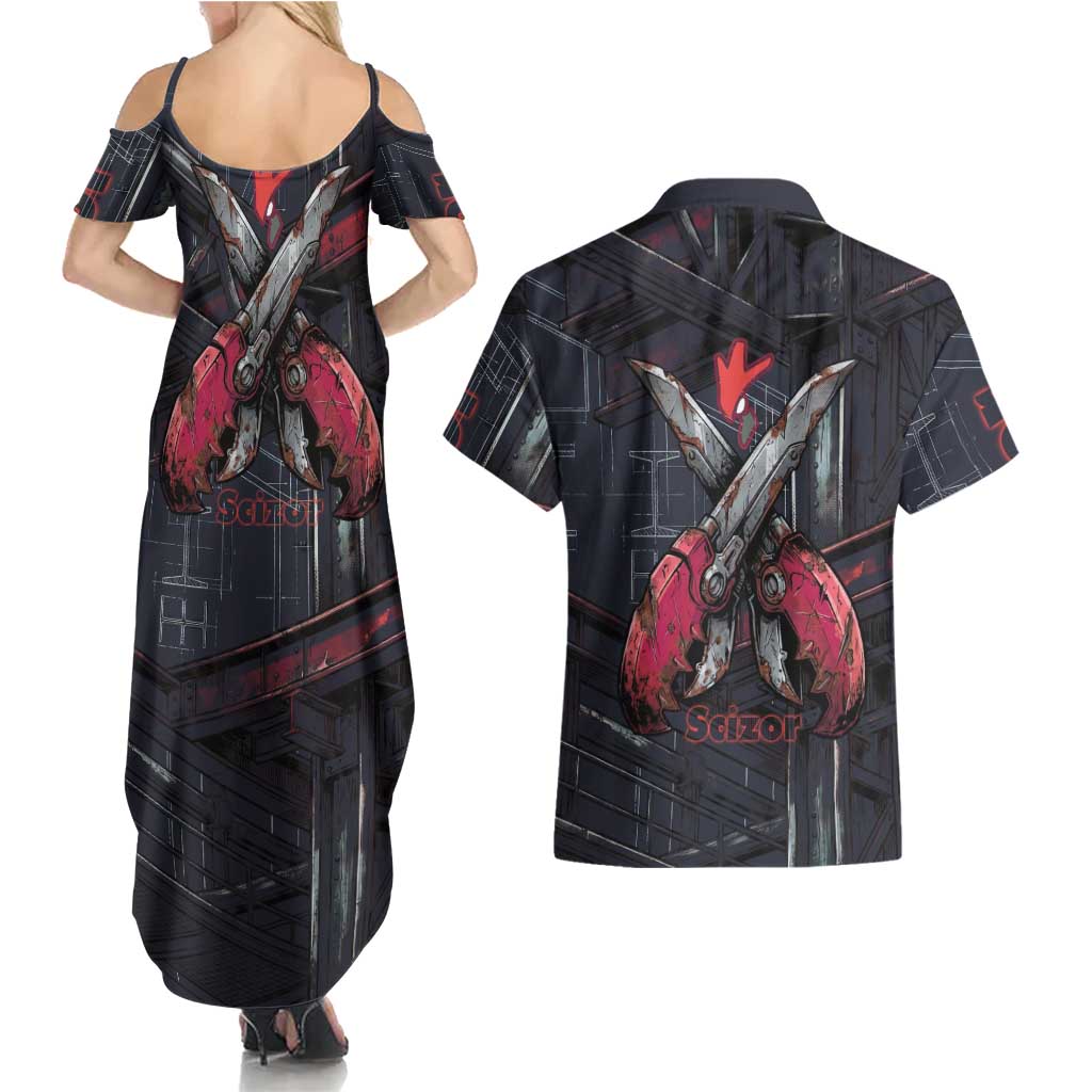 Scizor Battle Armor Couples Matching Summer Maxi Dress and Hawaiian Shirt Scizor’s Domain - Claws of Precision