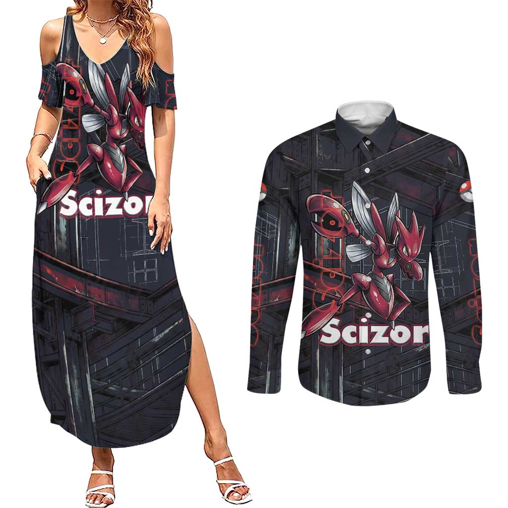Scizor Battle Armor Couples Matching Summer Maxi Dress and Long Sleeve Button Shirt Scizor’s Domain - Claws of Precision