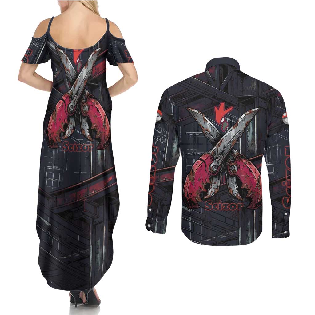 Scizor Battle Armor Couples Matching Summer Maxi Dress and Long Sleeve Button Shirt Scizor’s Domain - Claws of Precision