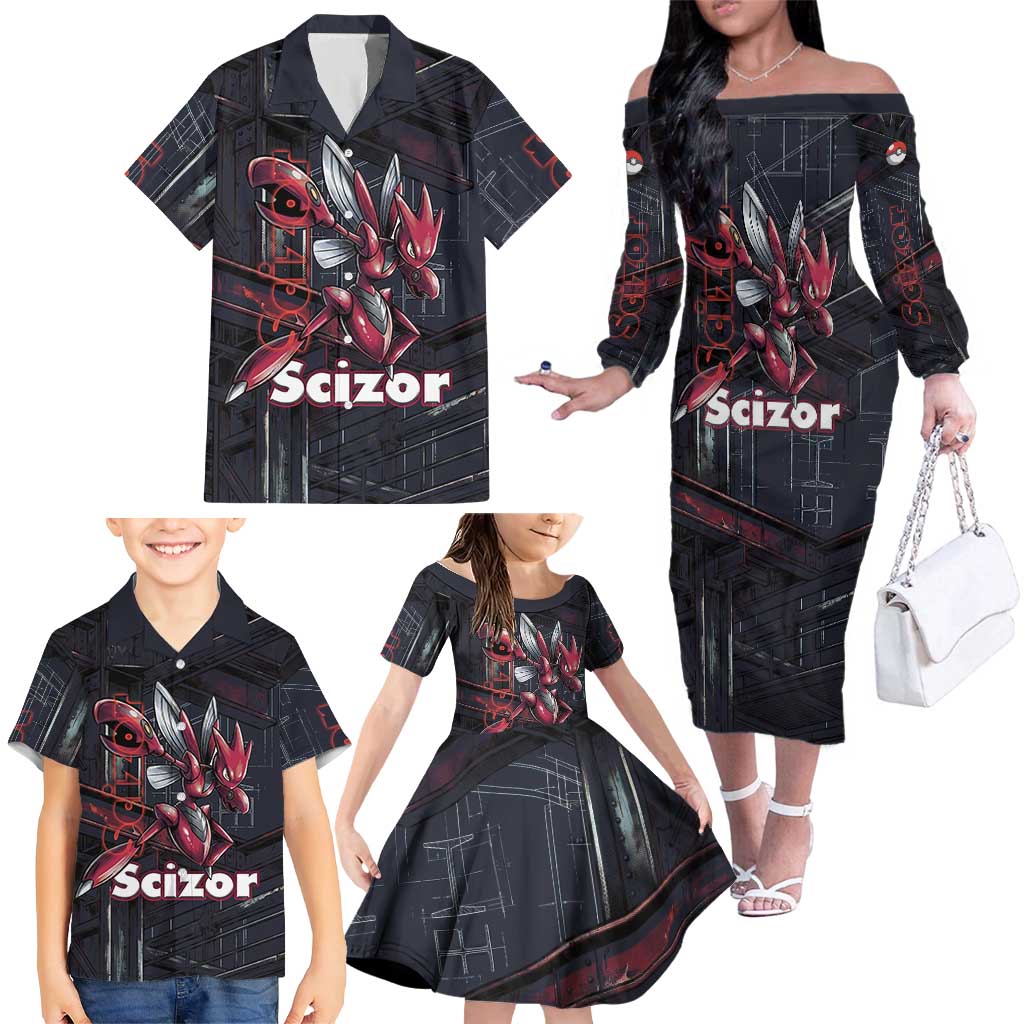 Scizor Battle Armor Family Matching Off The Shoulder Long Sleeve Dress and Hawaiian Shirt Scizor’s Domain - Claws of Precision