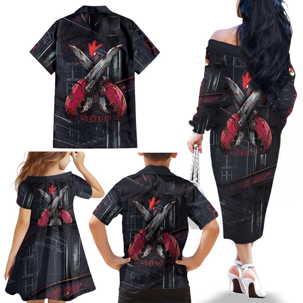 Scizor Battle Armor Family Matching Off The Shoulder Long Sleeve Dress and Hawaiian Shirt Scizor’s Domain - Claws of Precision