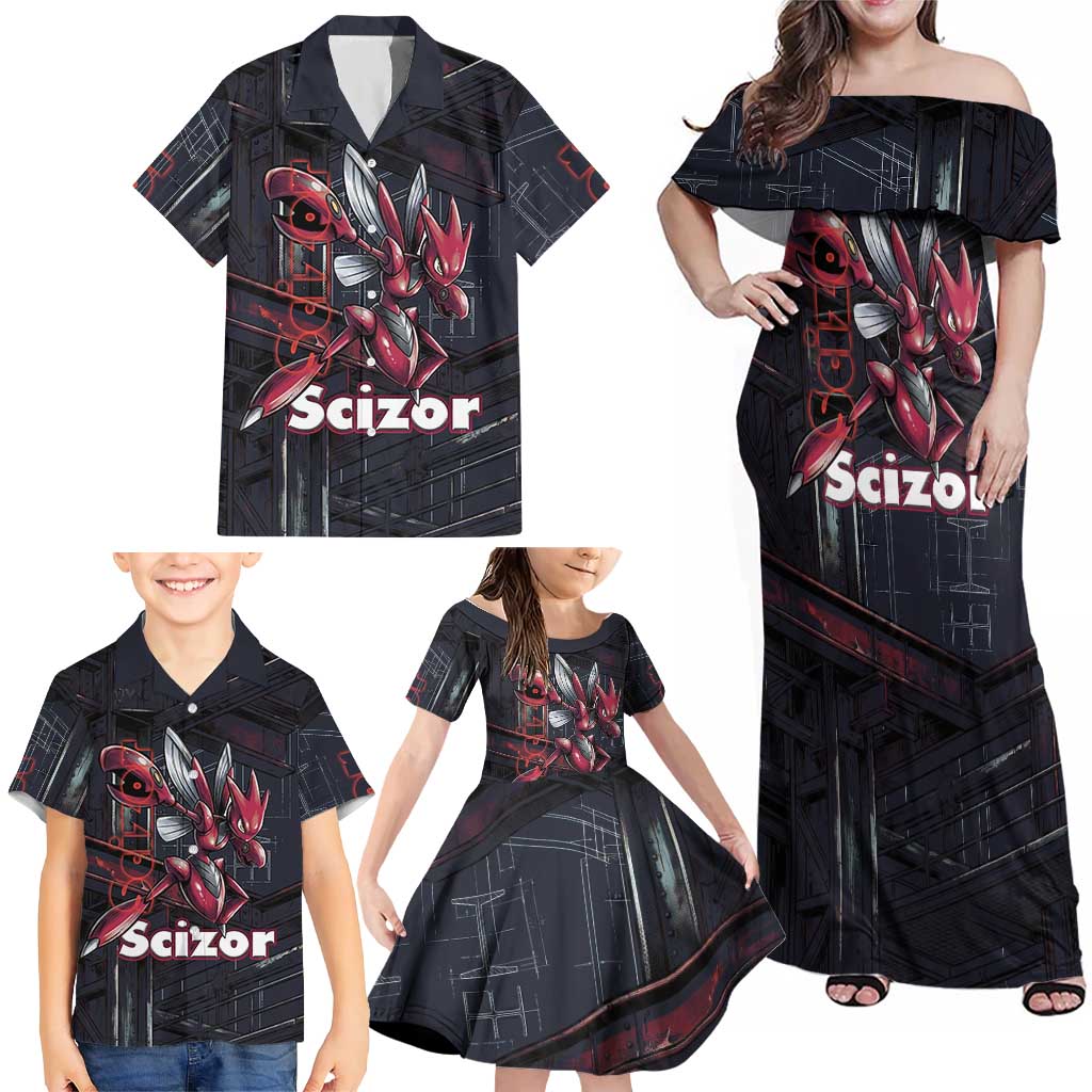 Scizor Battle Armor Family Matching Off Shoulder Maxi Dress and Hawaiian Shirt Scizor’s Domain - Claws of Precision