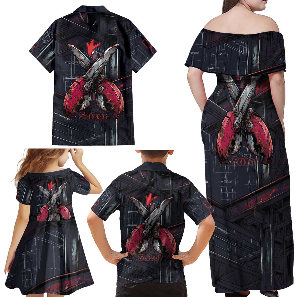 Scizor Battle Armor Family Matching Off Shoulder Maxi Dress and Hawaiian Shirt Scizor’s Domain - Claws of Precision