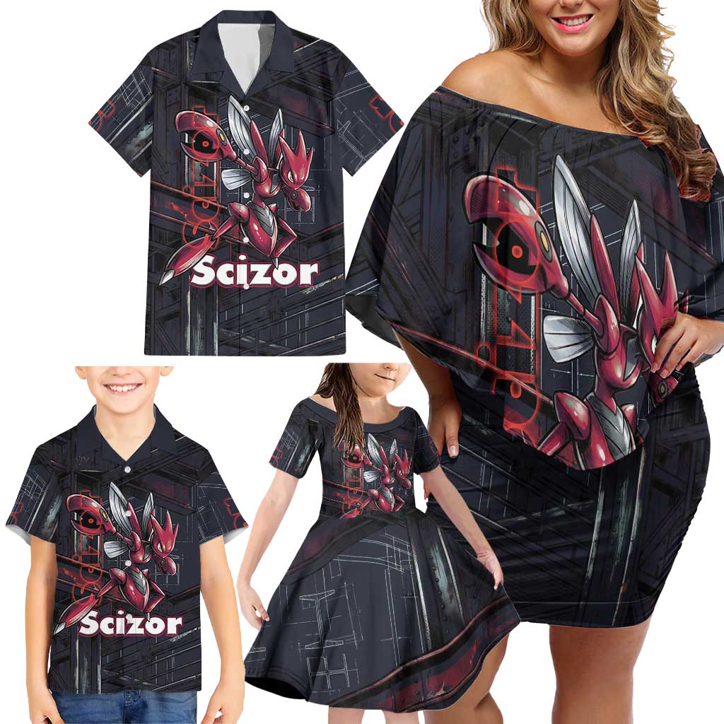 Scizor Battle Armor Family Matching Off Shoulder Short Dress and Hawaiian Shirt Scizor’s Domain - Claws of Precision