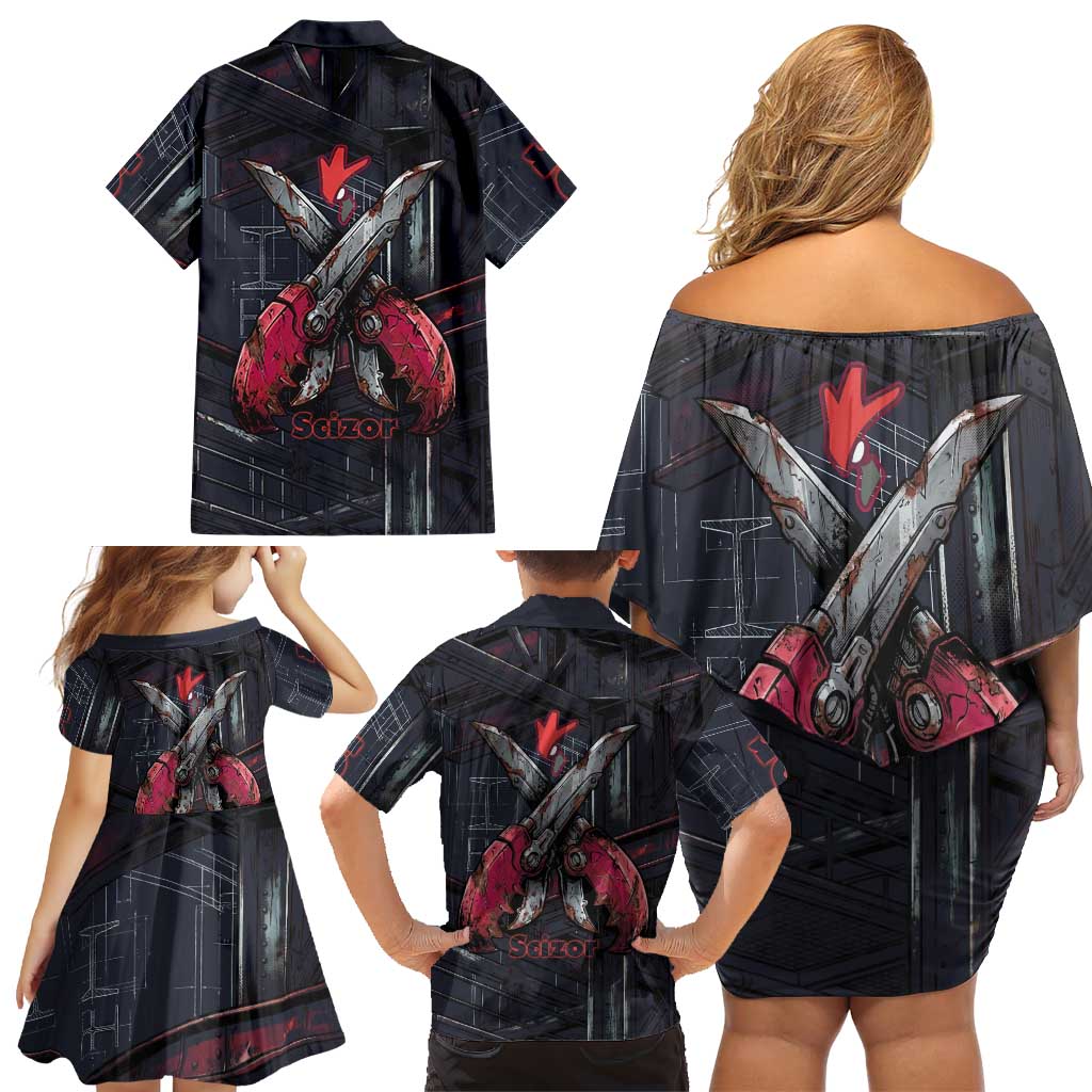 Scizor Battle Armor Family Matching Off Shoulder Short Dress and Hawaiian Shirt Scizor’s Domain - Claws of Precision