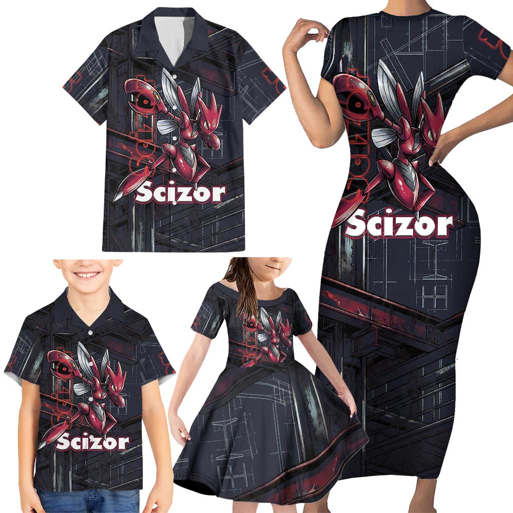Scizor Battle Armor Family Matching Short Sleeve Bodycon Dress and Hawaiian Shirt Scizor’s Domain - Claws of Precision
