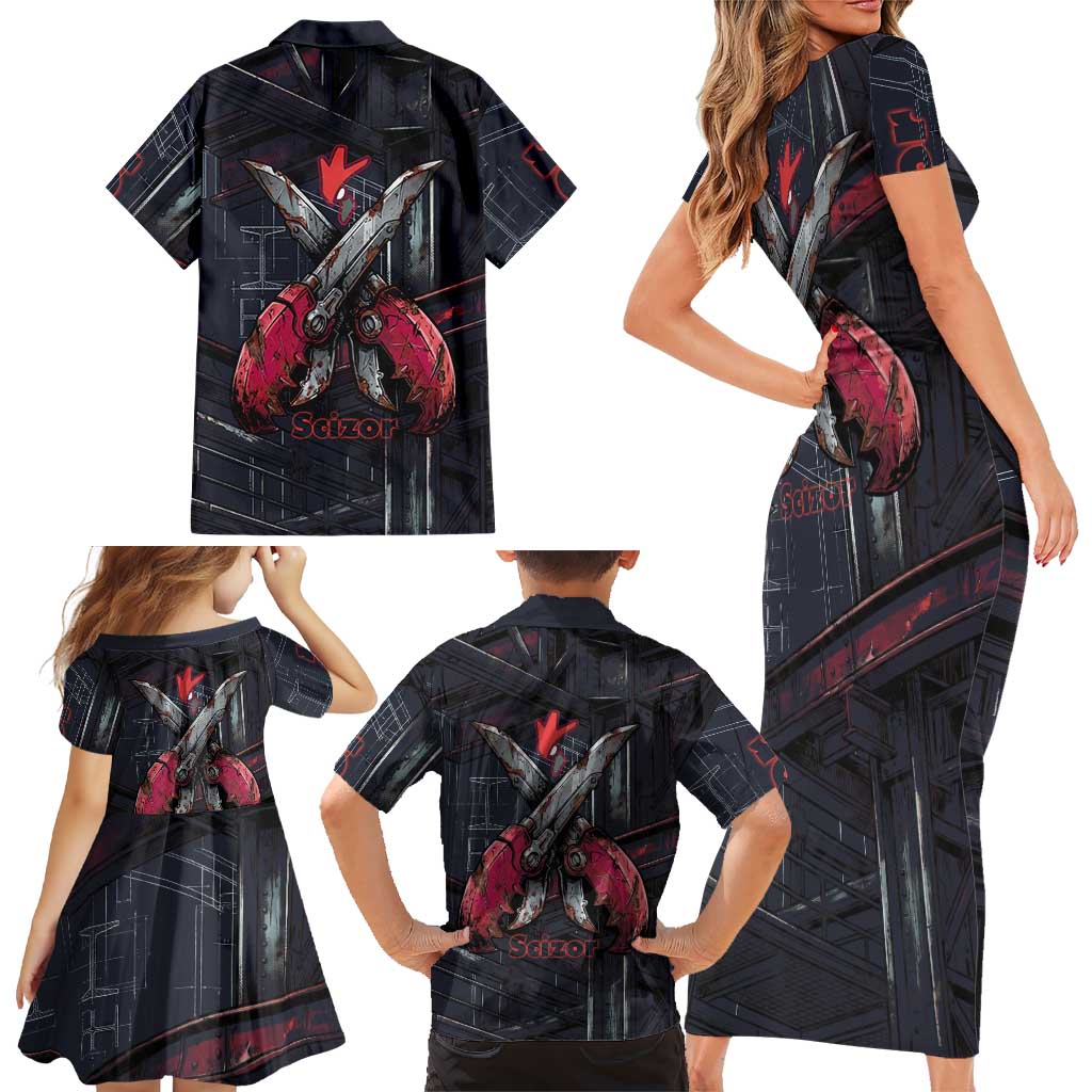 Scizor Battle Armor Family Matching Short Sleeve Bodycon Dress and Hawaiian Shirt Scizor’s Domain - Claws of Precision