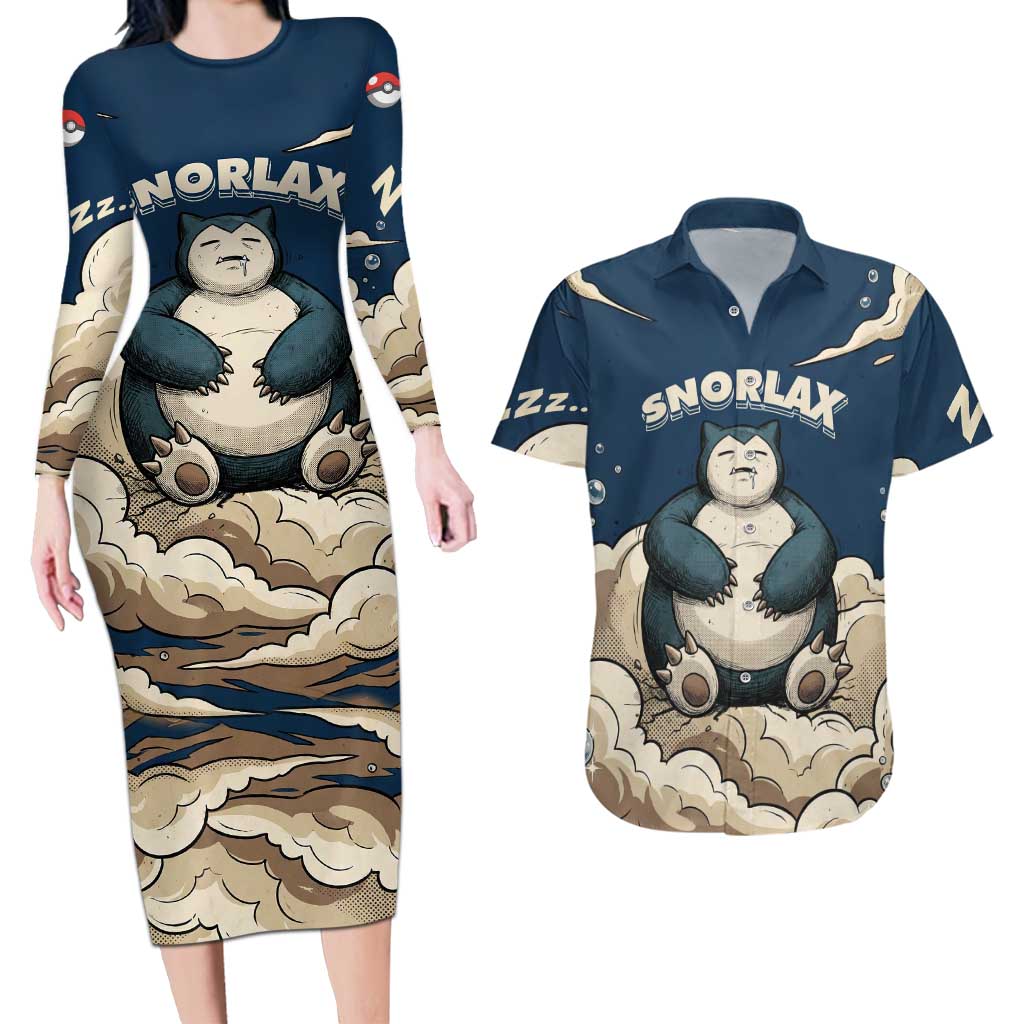 Snorlax Sleeping Cloud Couples Matching Long Sleeve Bodycon Dress and Hawaiian Shirt Snorlax Zzz... Peace in Every Puff of Sleep