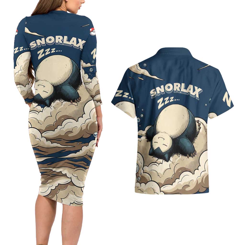 Snorlax Sleeping Cloud Couples Matching Long Sleeve Bodycon Dress and Hawaiian Shirt Snorlax Zzz... Peace in Every Puff of Sleep