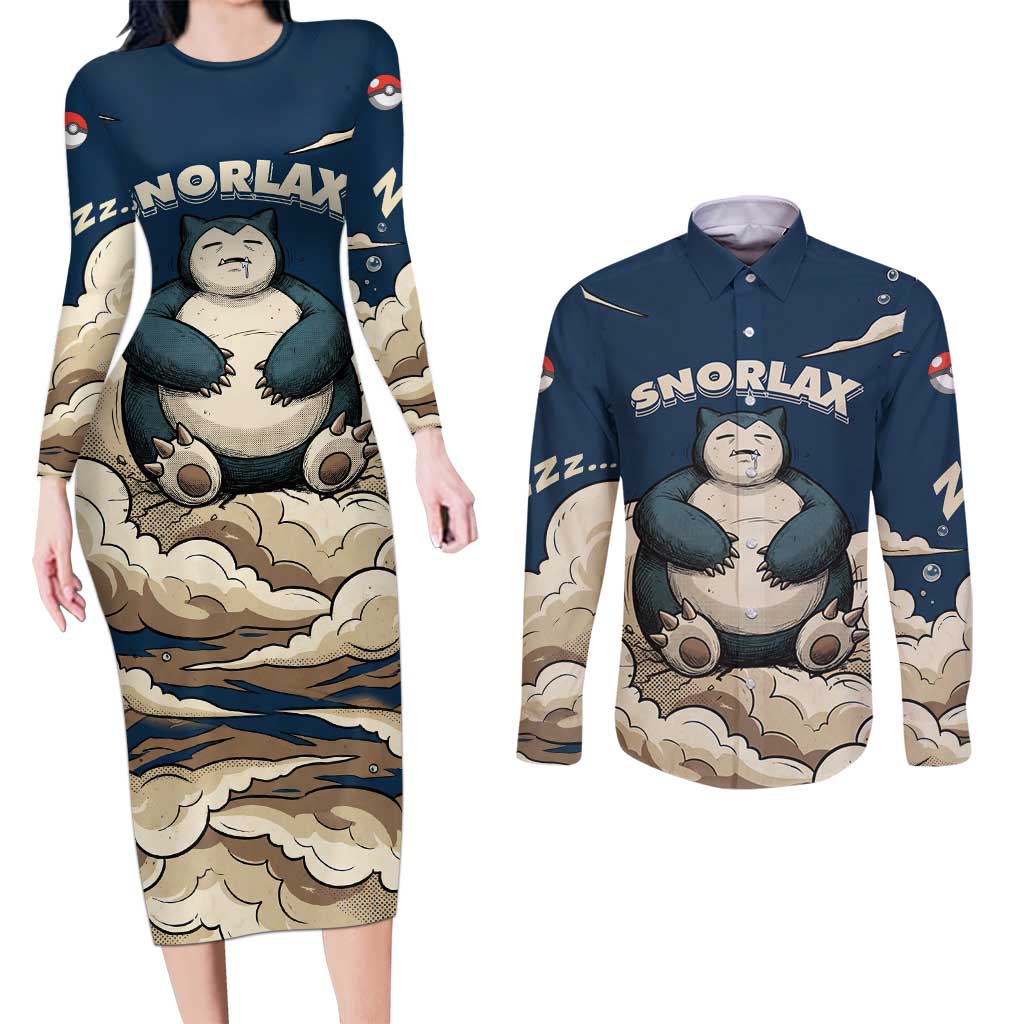 Snorlax Sleeping Cloud Couples Matching Long Sleeve Bodycon Dress and Long Sleeve Button Shirt Snorlax Zzz... Peace in Every Puff of Sleep