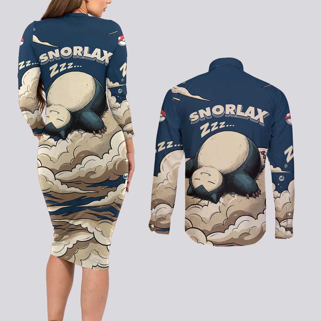 Snorlax Sleeping Cloud Couples Matching Long Sleeve Bodycon Dress and Long Sleeve Button Shirt Snorlax Zzz... Peace in Every Puff of Sleep