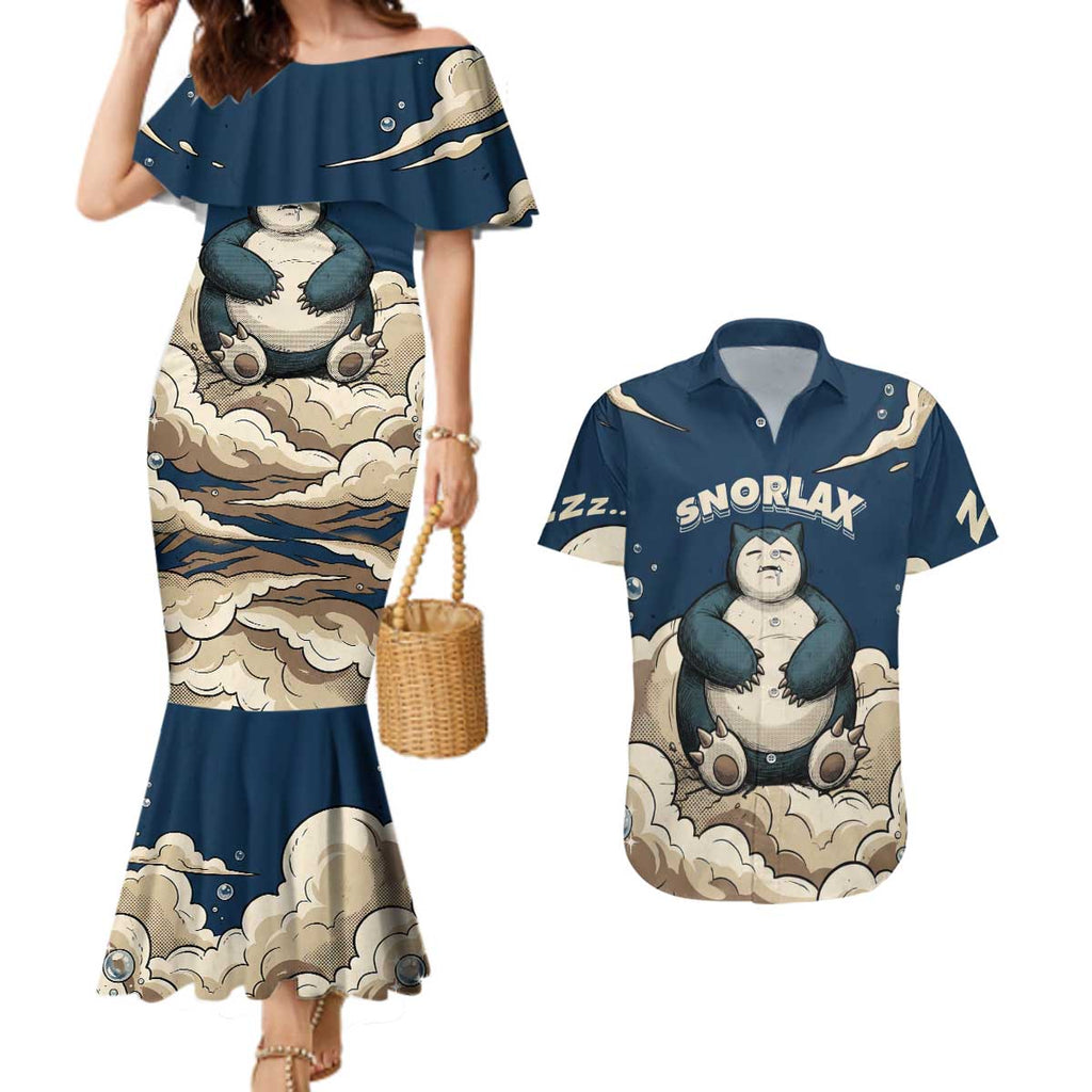 Snorlax Sleeping Cloud Couples Matching Mermaid Dress and Hawaiian Shirt Snorlax Zzz... Peace in Every Puff of Sleep