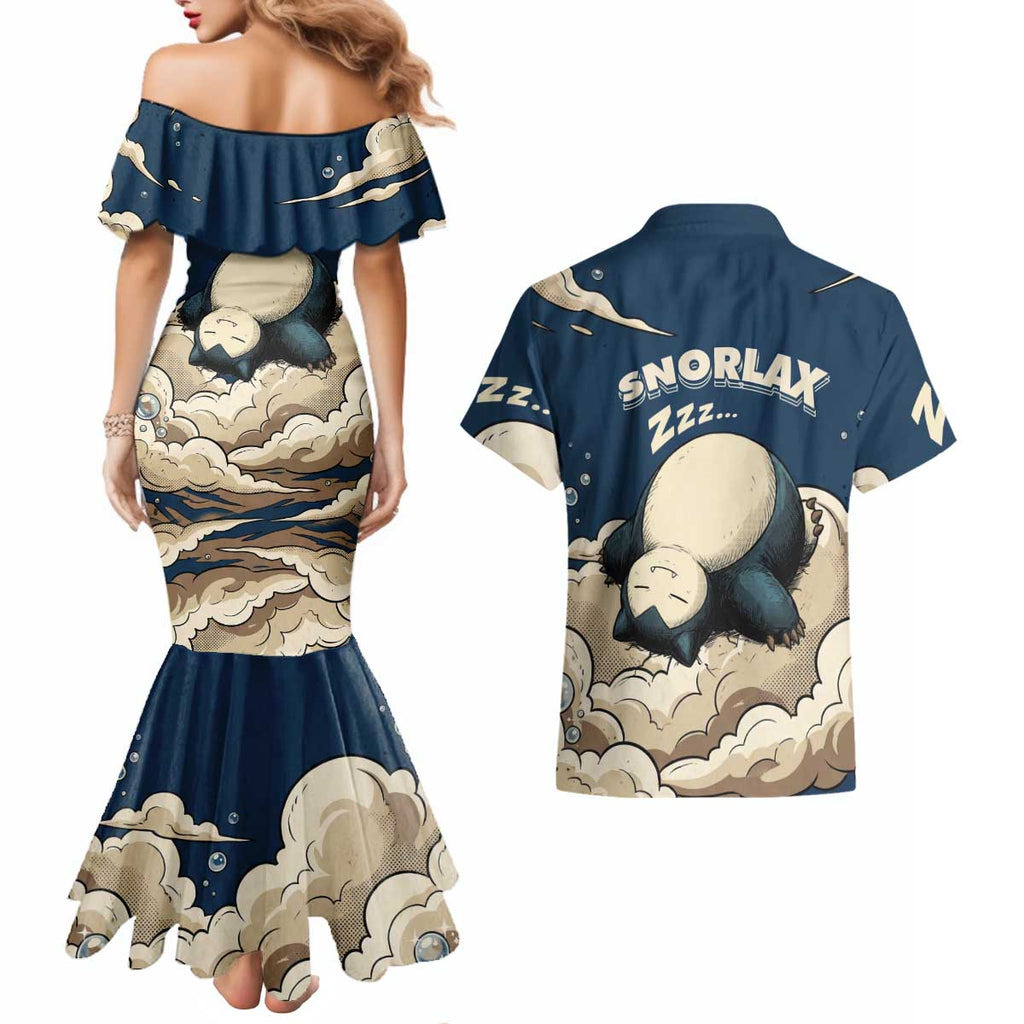 Snorlax Sleeping Cloud Couples Matching Mermaid Dress and Hawaiian Shirt Snorlax Zzz... Peace in Every Puff of Sleep