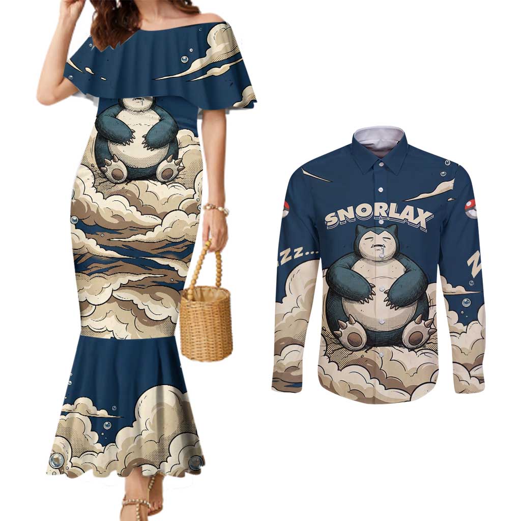 Snorlax Sleeping Cloud Couples Matching Mermaid Dress and Long Sleeve Button Shirt Snorlax Zzz... Peace in Every Puff of Sleep