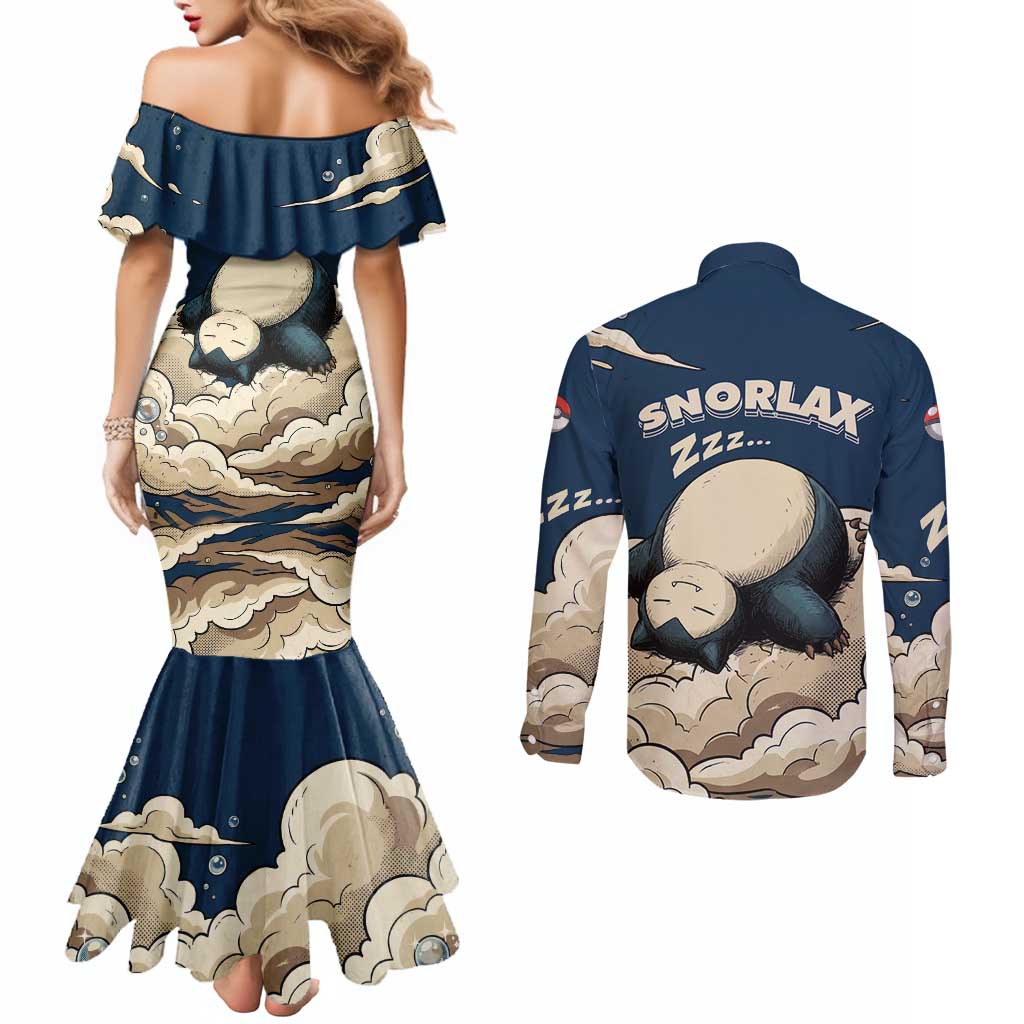 Snorlax Sleeping Cloud Couples Matching Mermaid Dress and Long Sleeve Button Shirt Snorlax Zzz... Peace in Every Puff of Sleep