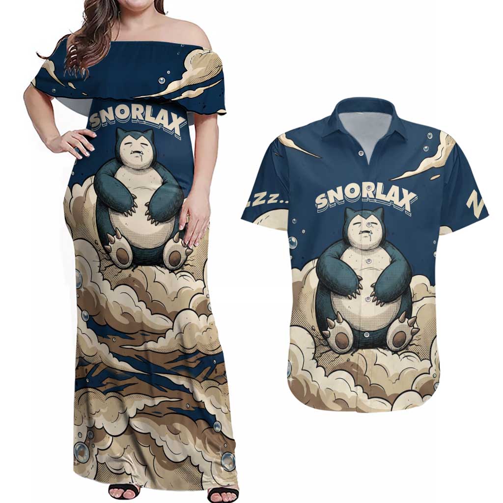 Snorlax Sleeping Cloud Couples Matching Off Shoulder Maxi Dress and Hawaiian Shirt Snorlax Zzz... Peace in Every Puff of Sleep