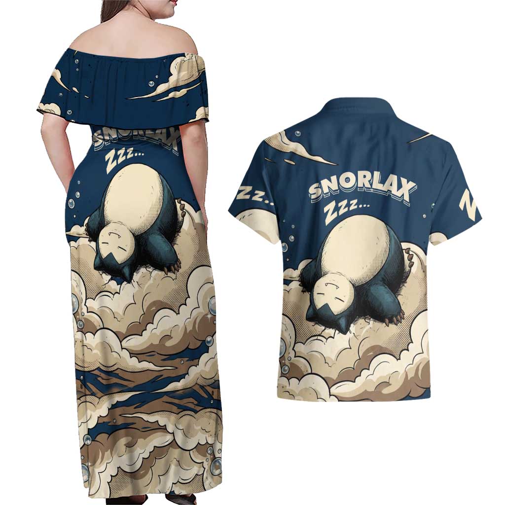Snorlax Sleeping Cloud Couples Matching Off Shoulder Maxi Dress and Hawaiian Shirt Snorlax Zzz... Peace in Every Puff of Sleep