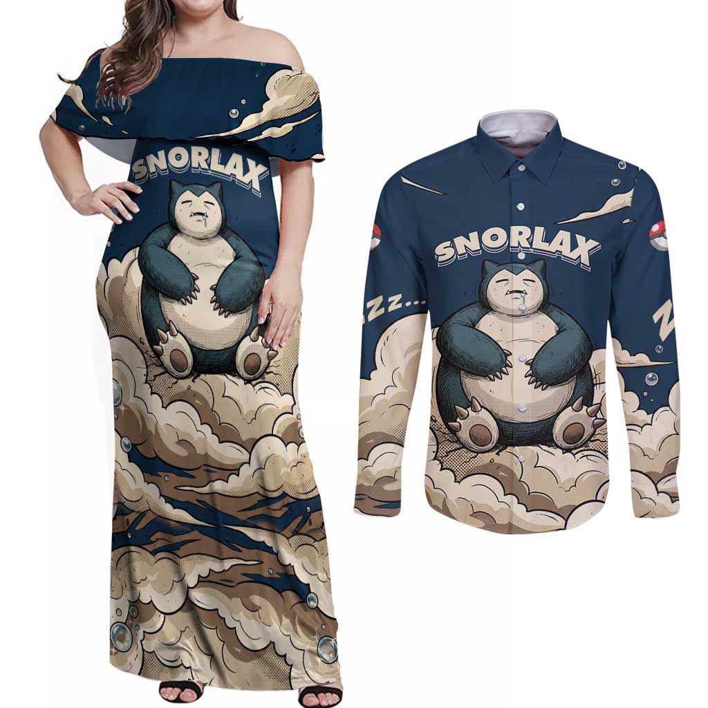 Snorlax Sleeping Cloud Couples Matching Off Shoulder Maxi Dress and Long Sleeve Button Shirt Snorlax Zzz... Peace in Every Puff of Sleep
