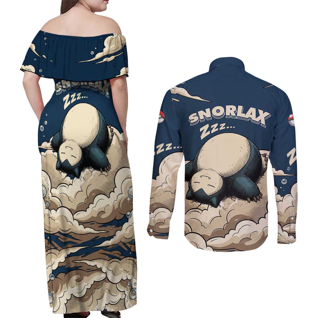 Snorlax Sleeping Cloud Couples Matching Off Shoulder Maxi Dress and Long Sleeve Button Shirt Snorlax Zzz... Peace in Every Puff of Sleep