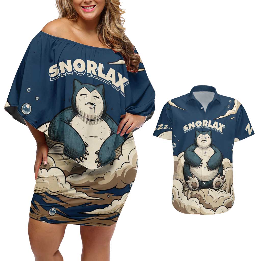 Snorlax Sleeping Cloud Couples Matching Off Shoulder Short Dress and Hawaiian Shirt Snorlax Zzz... Peace in Every Puff of Sleep