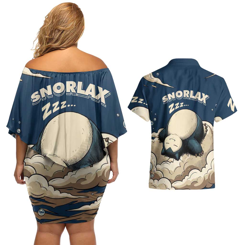 Snorlax Sleeping Cloud Couples Matching Off Shoulder Short Dress and Hawaiian Shirt Snorlax Zzz... Peace in Every Puff of Sleep