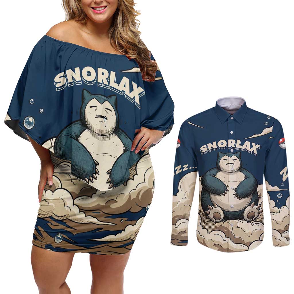 Snorlax Sleeping Cloud Couples Matching Off Shoulder Short Dress and Long Sleeve Button Shirt Snorlax Zzz... Peace in Every Puff of Sleep
