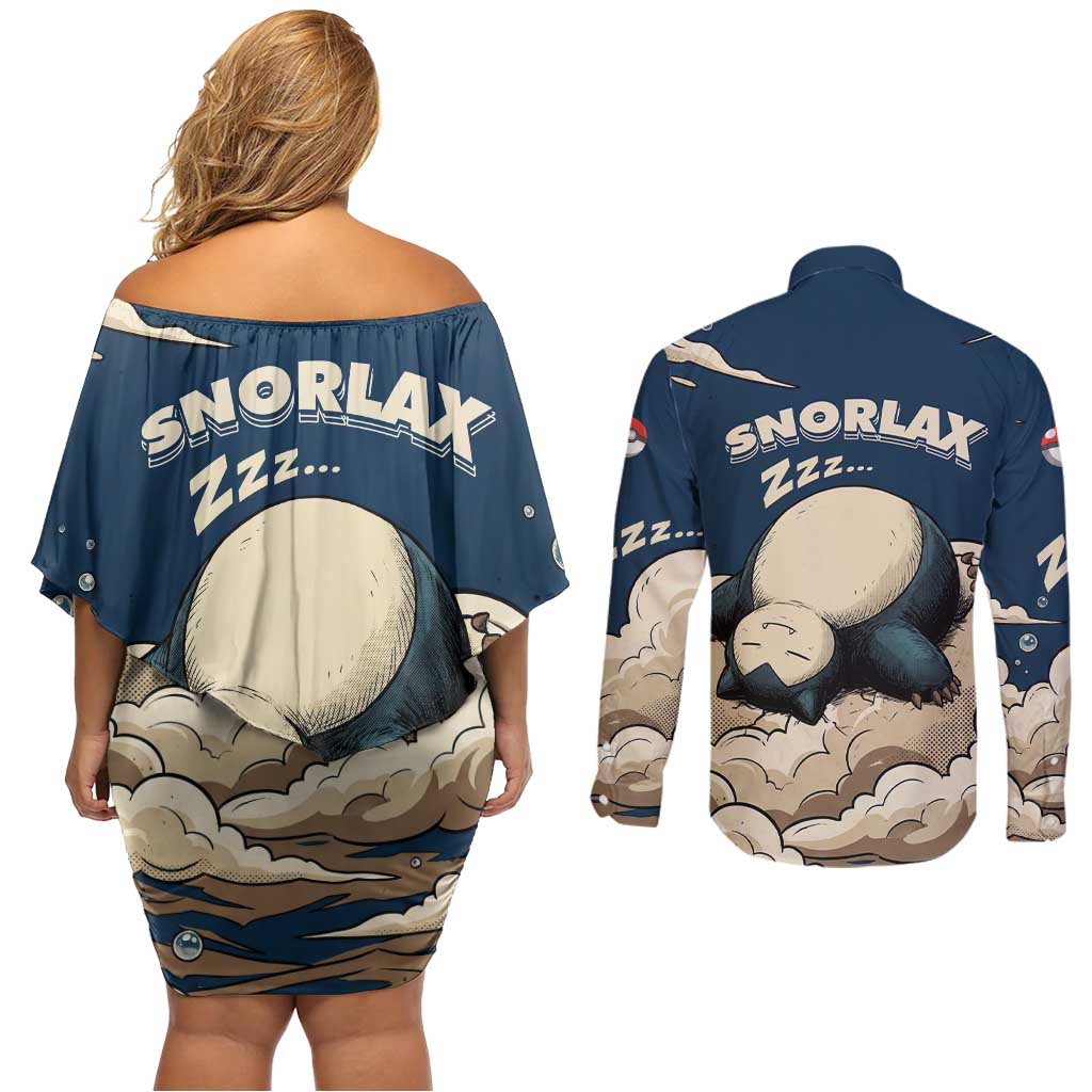 Snorlax Sleeping Cloud Couples Matching Off Shoulder Short Dress and Long Sleeve Button Shirt Snorlax Zzz... Peace in Every Puff of Sleep