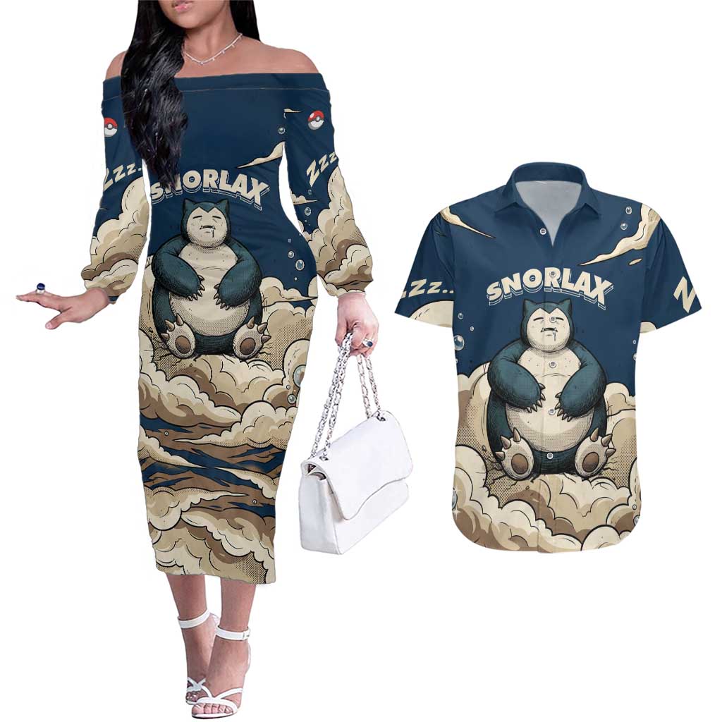 Snorlax Sleeping Cloud Couples Matching Off The Shoulder Long Sleeve Dress and Hawaiian Shirt Snorlax Zzz... Peace in Every Puff of Sleep