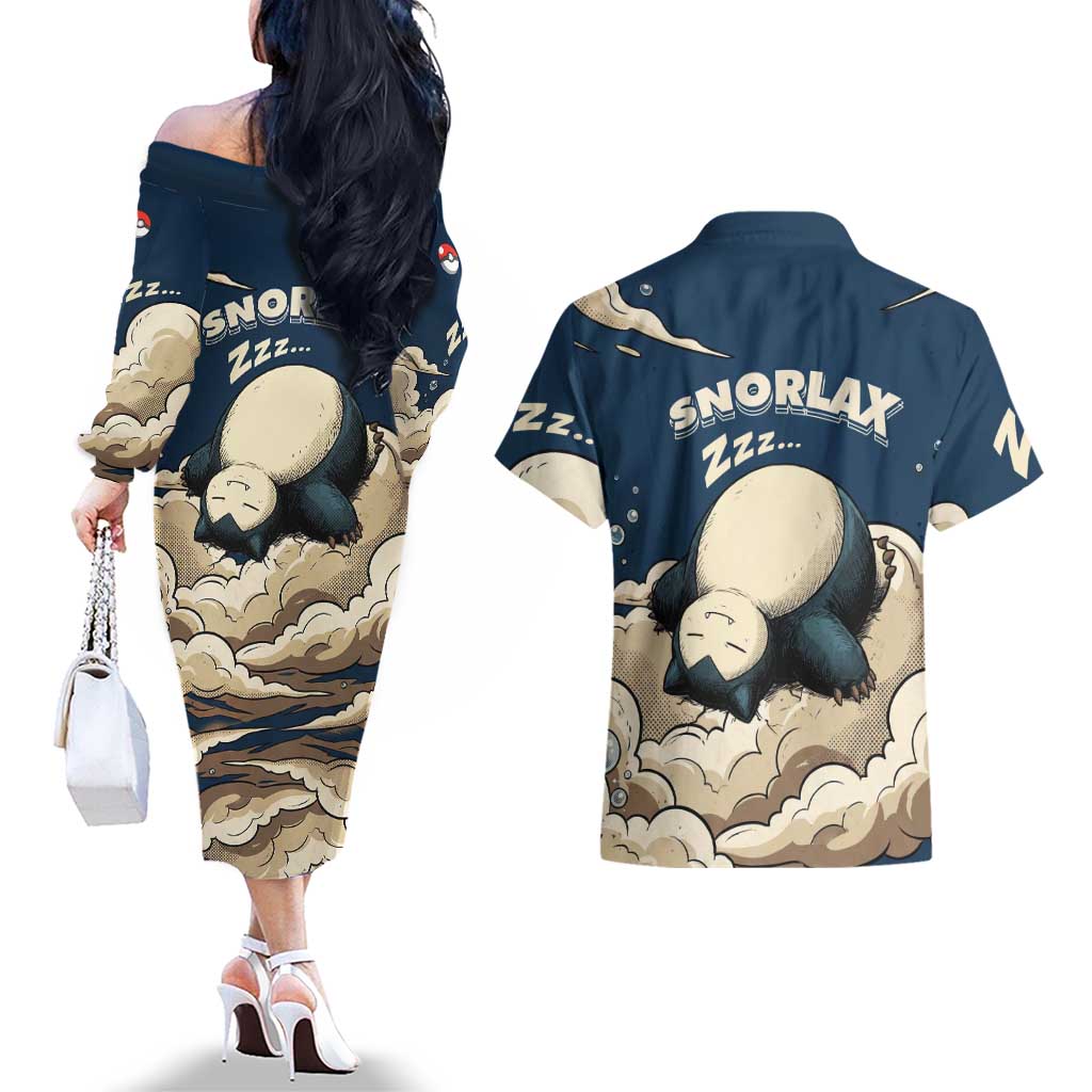Snorlax Sleeping Cloud Couples Matching Off The Shoulder Long Sleeve Dress and Hawaiian Shirt Snorlax Zzz... Peace in Every Puff of Sleep