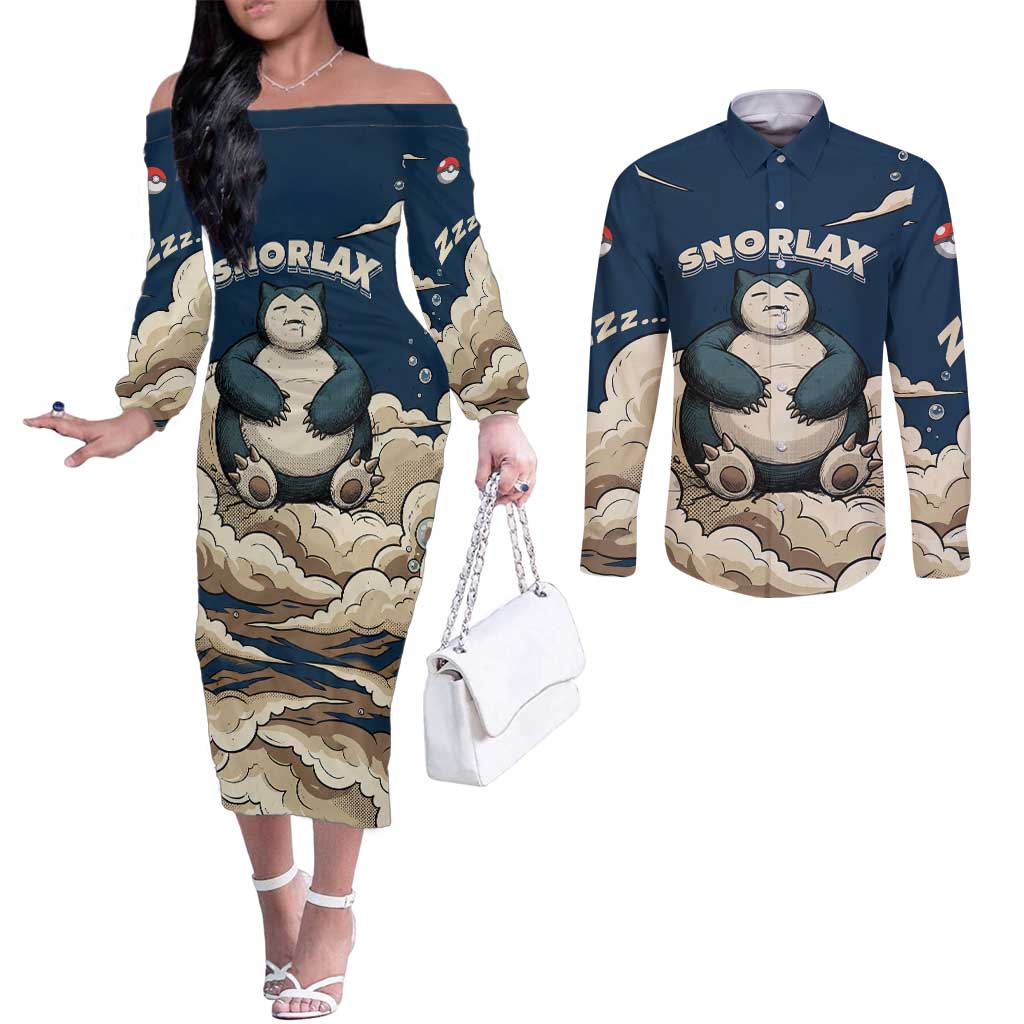 Snorlax Sleeping Cloud Couples Matching Off The Shoulder Long Sleeve Dress and Long Sleeve Button Shirt Snorlax Zzz... Peace in Every Puff of Sleep
